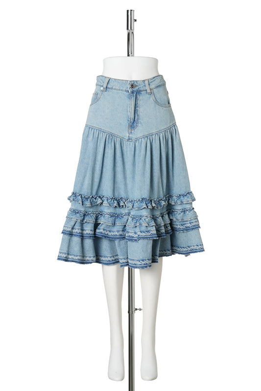 LIGHTWEIGHT DENIM FRILL MIDI SKIRT / LIGHT BLUE VINTAGE