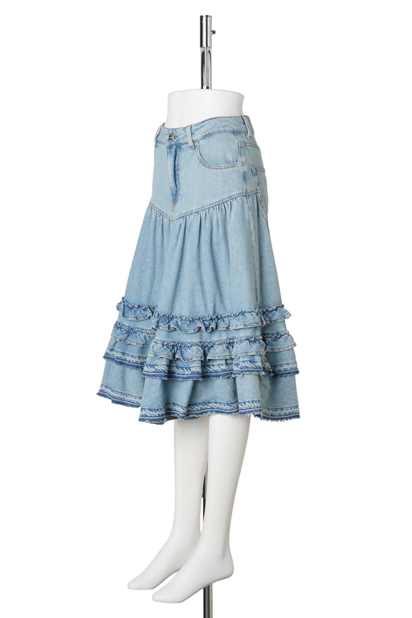 LIGHTWEIGHT DENIM FRILL MIDI SKIRT / LIGHT BLUE VINTAGE