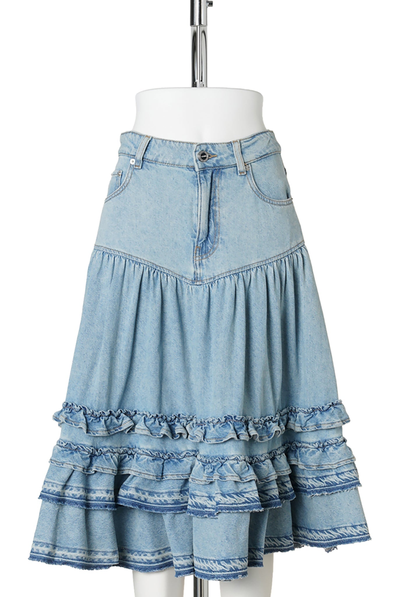 LIGHTWEIGHT DENIM FRILL MIDI SKIRT / LIGHT BLUE VINTAGE