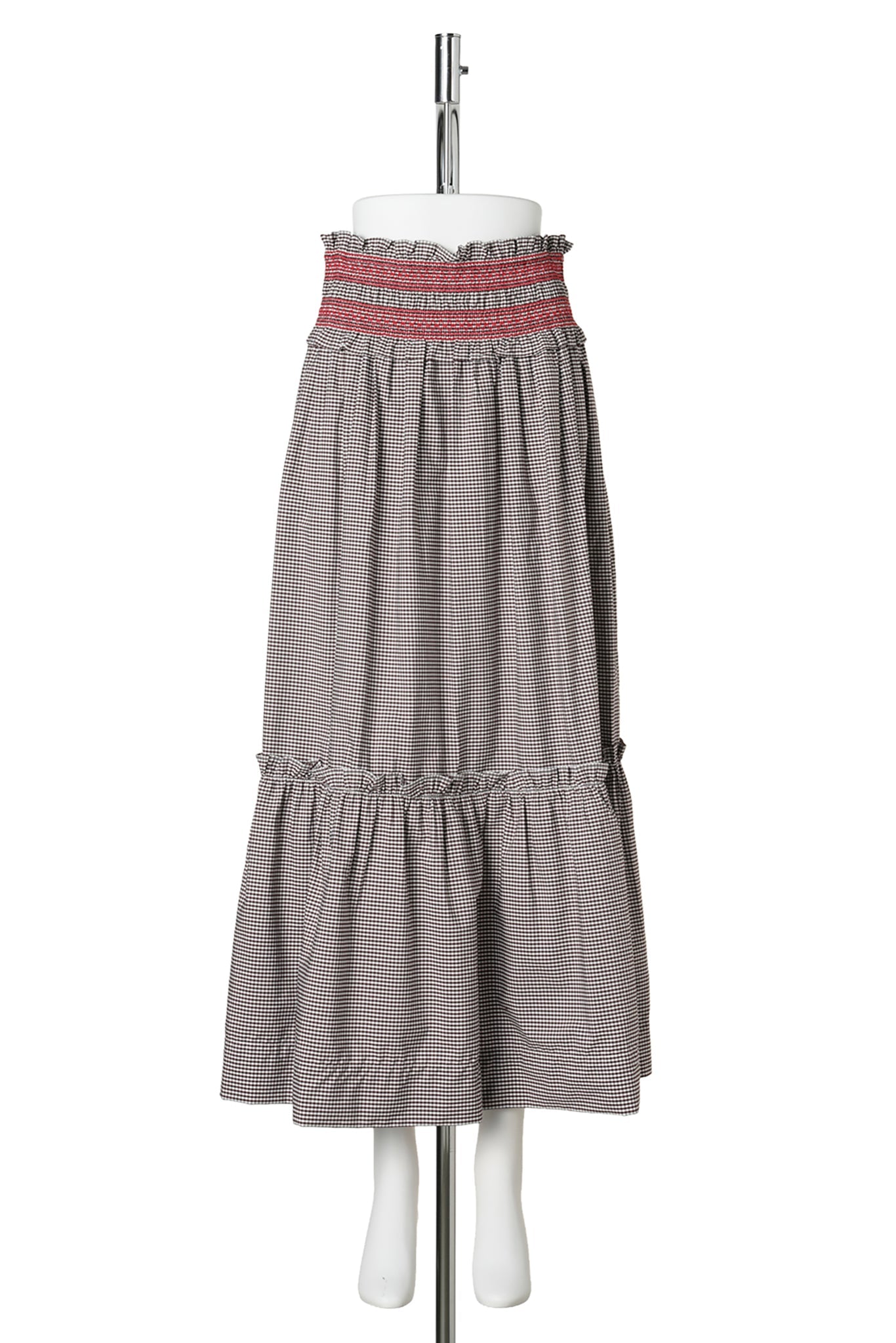 CHECK COTTON SMOCKED WAIST LONG SKIRT / CHICORY COFFEE