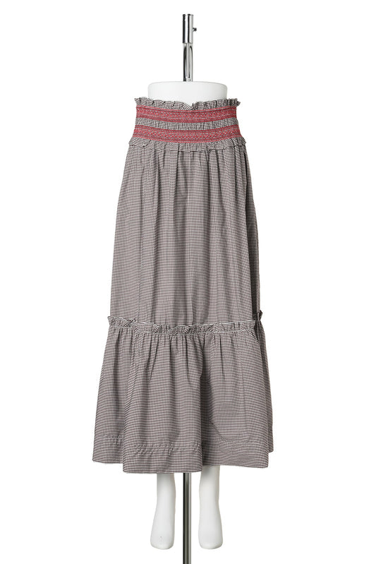 CHECK COTTON SMOCKED WAIST LONG SKIRT / CHICORY COFFEE