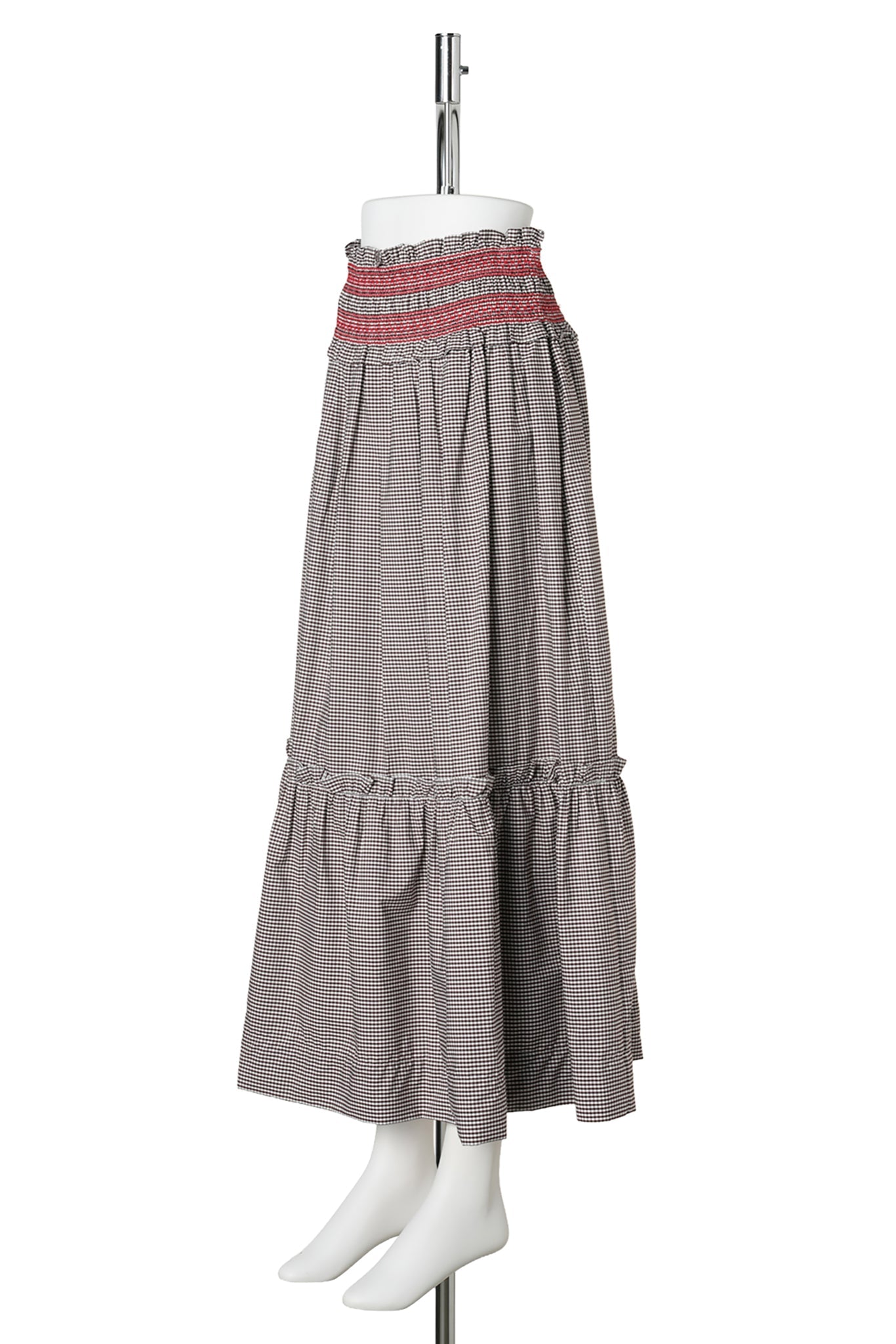 CHECK COTTON SMOCKED WAIST LONG SKIRT / CHICORY COFFEE