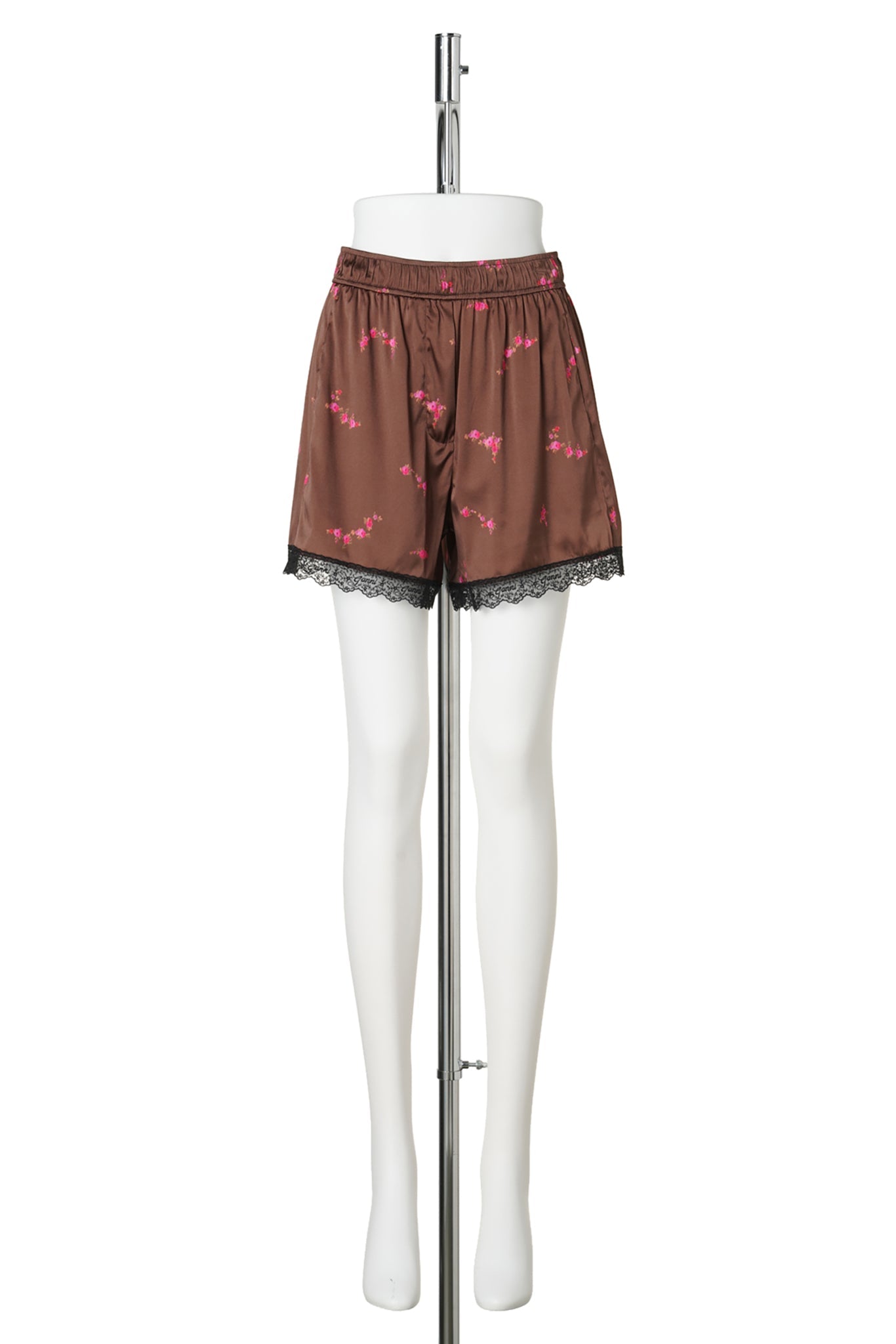 PRINTED SANDWASHED SILK SATIN LACE HEM SHORTS / TIRAMISU
