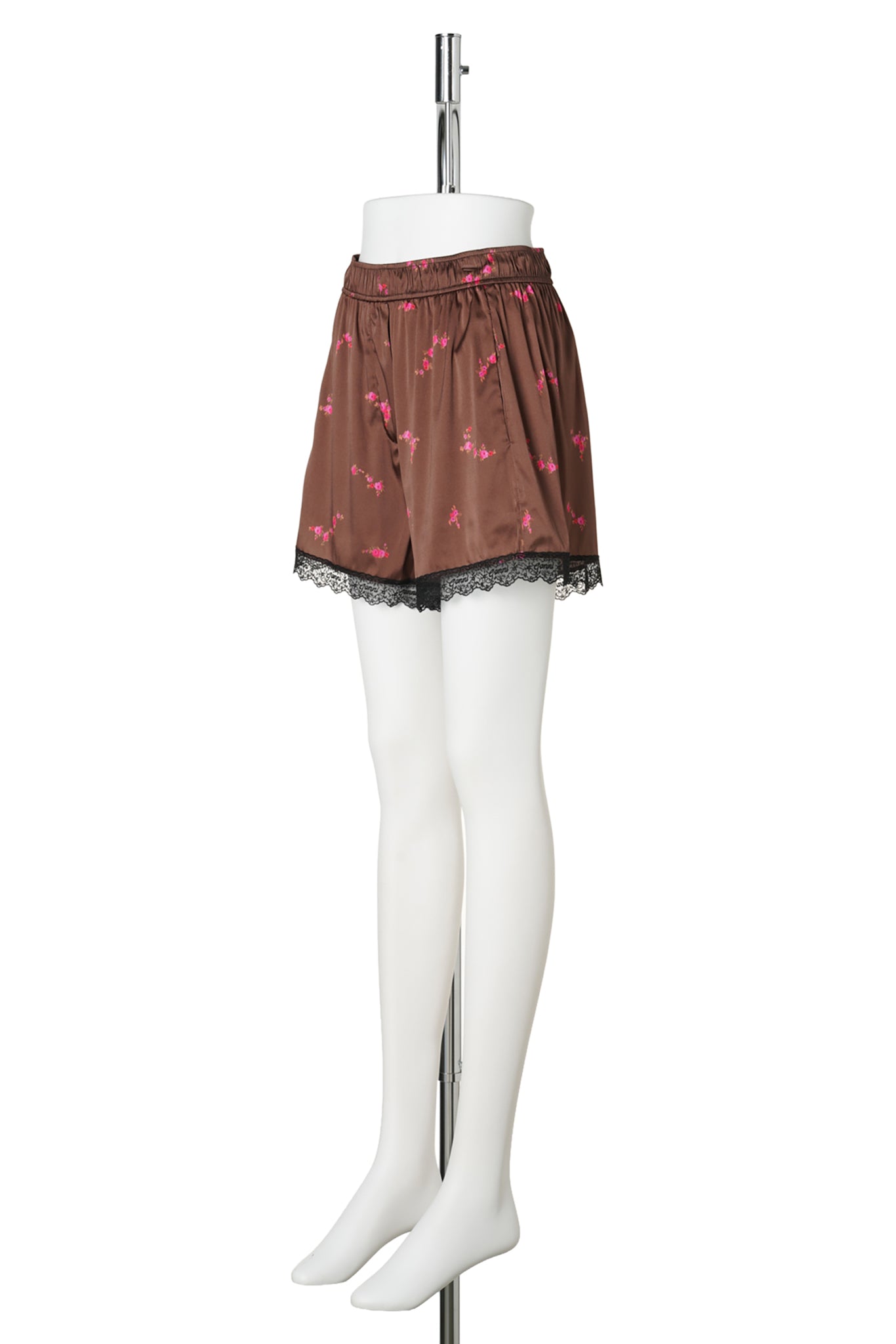 PRINTED SANDWASHED SILK SATIN LACE HEM SHORTS / TIRAMISU
