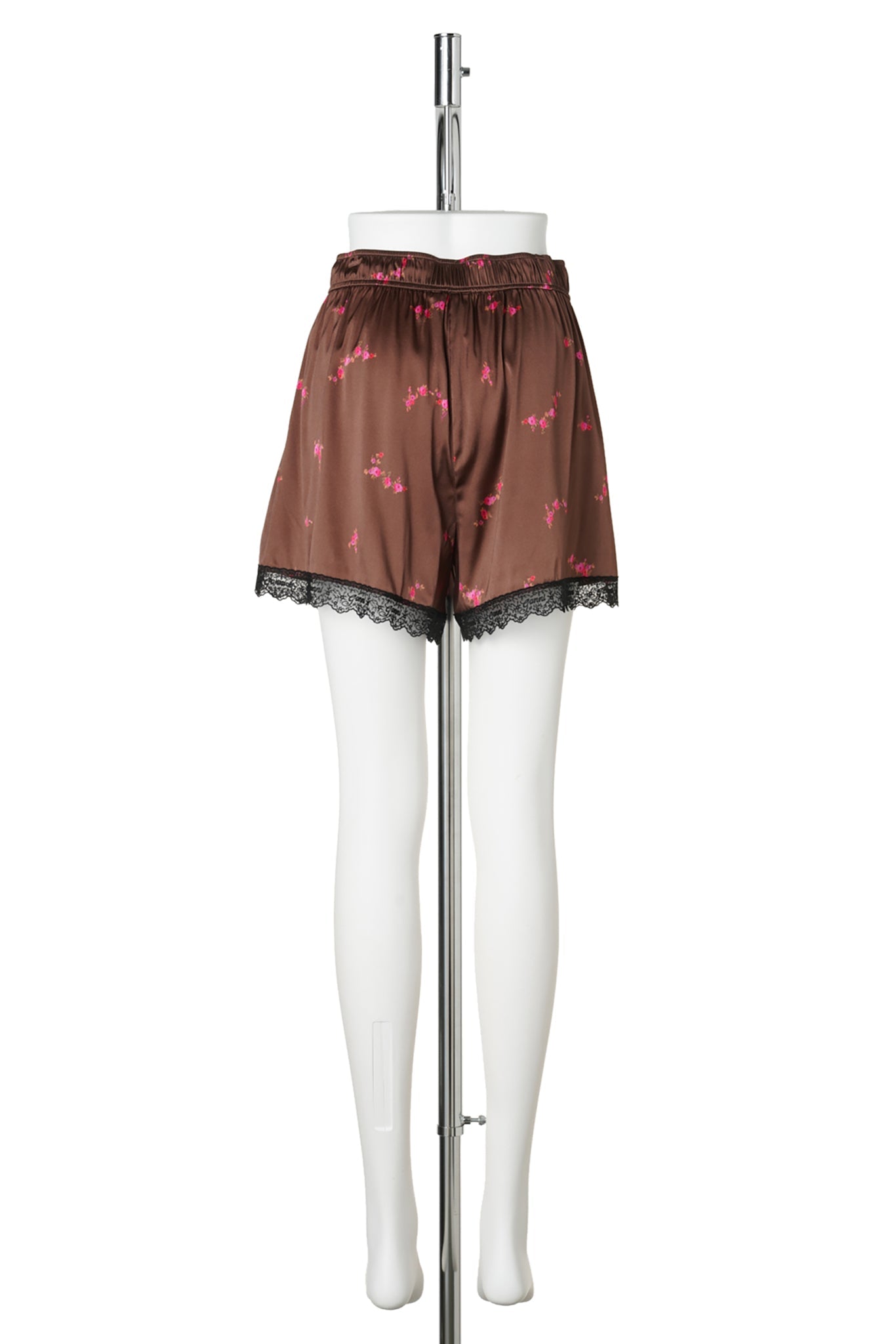 PRINTED SANDWASHED SILK SATIN LACE HEM SHORTS / TIRAMISU