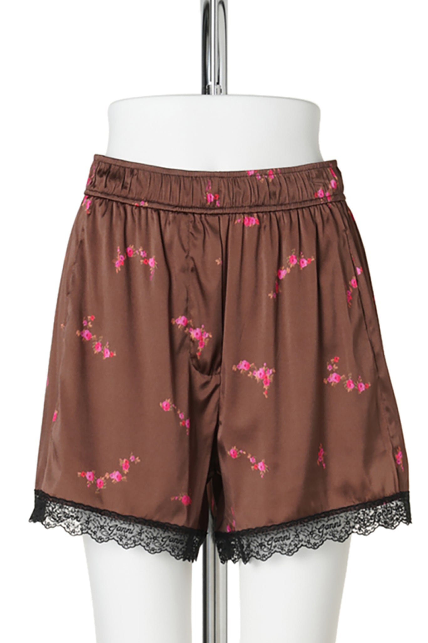 PRINTED SANDWASHED SILK SATIN LACE HEM SHORTS / TIRAMISU