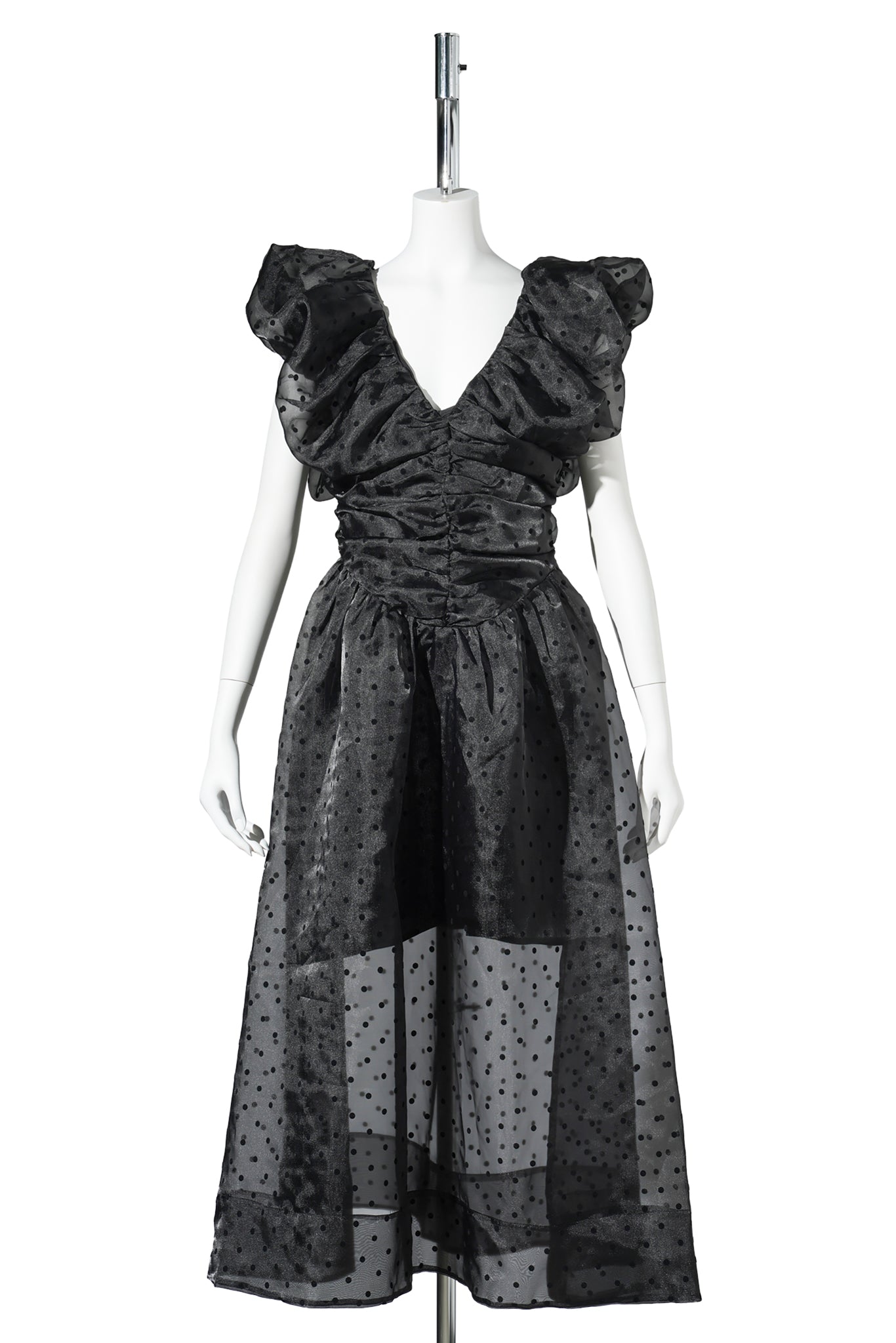 FLOCKED ORGANZA LONG RUCHED DRESS / BLACK