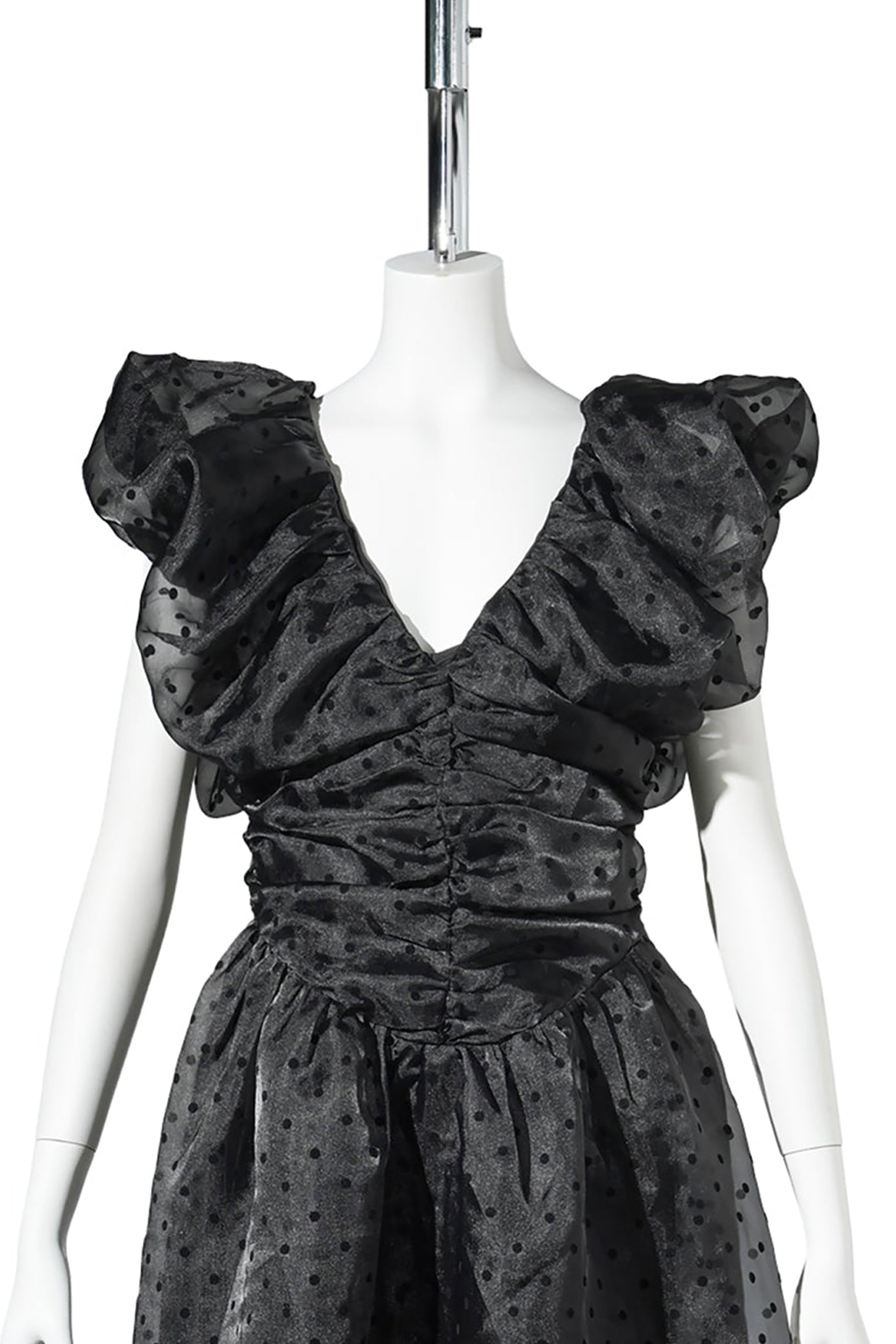 FLOCKED ORGANZA LONG RUCHED DRESS / BLACK