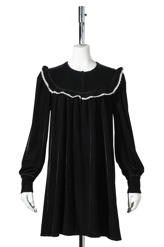 STRTCH VELVET JERSEY COLLAR MINI DRESS / BLACK