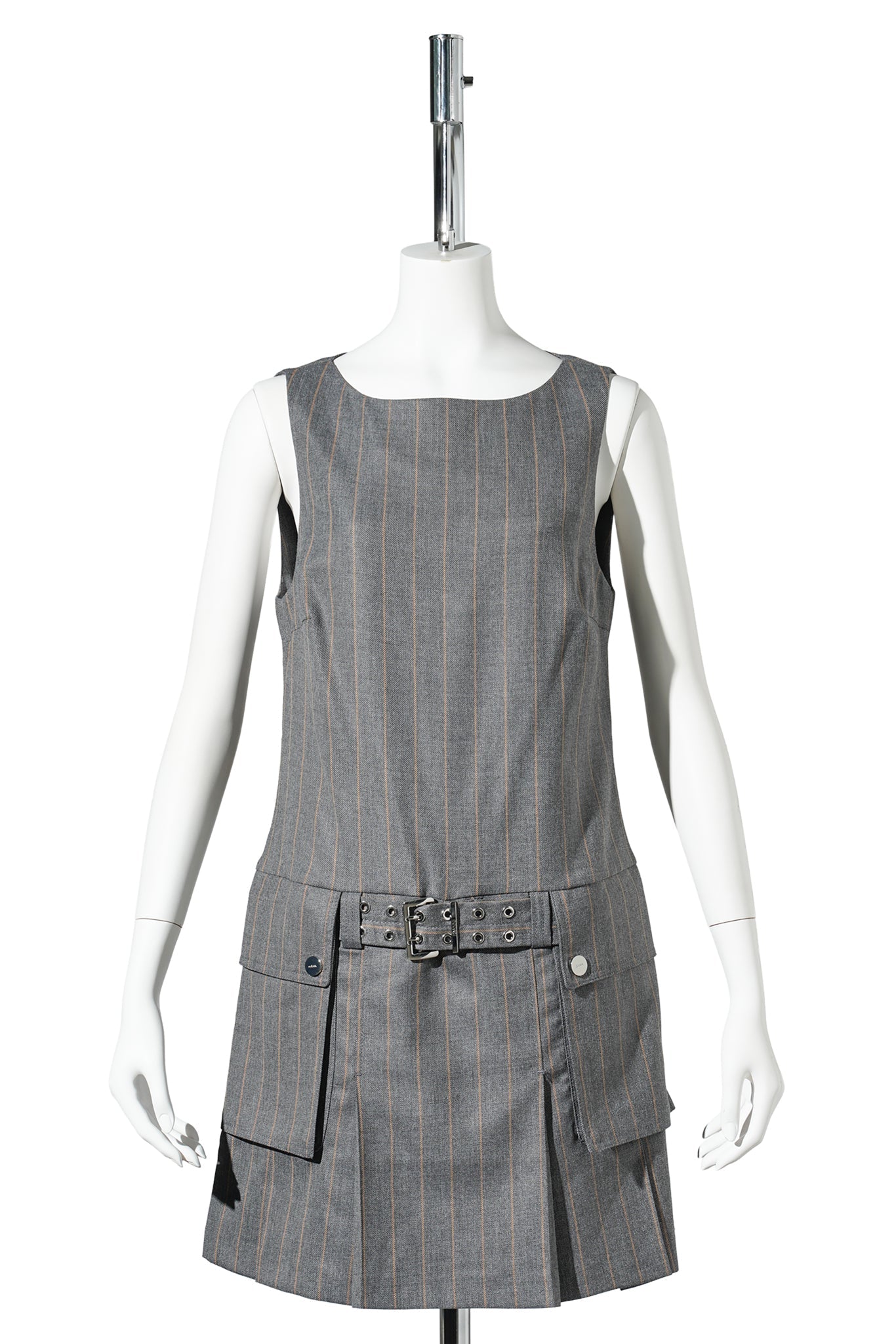 WOOL STRIPE BELTED MINI DRESS / PEWTERMELA