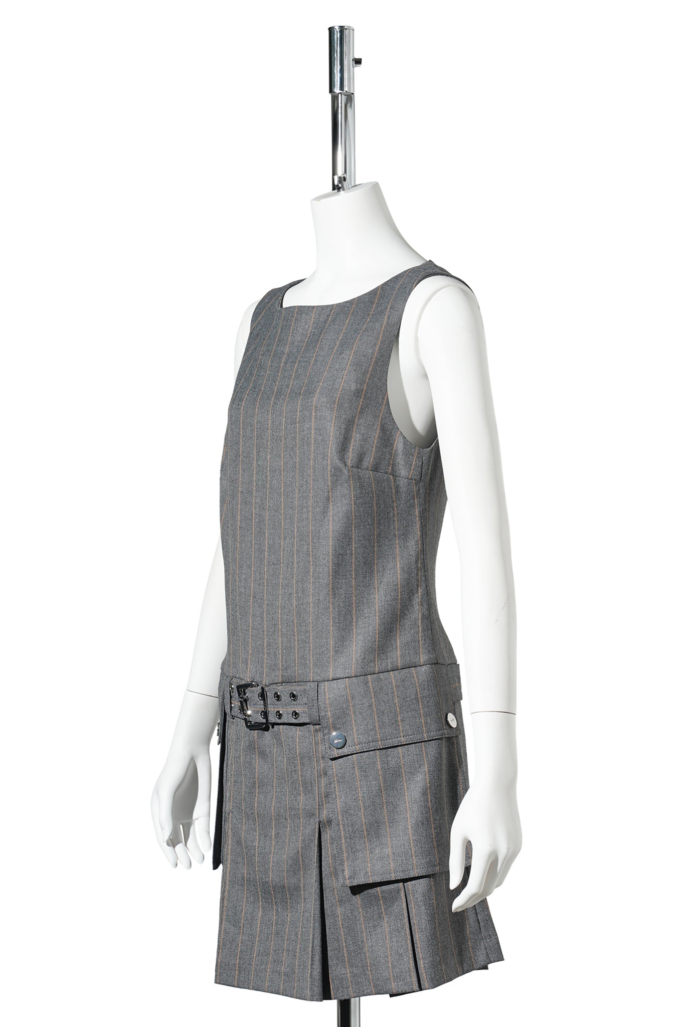WOOL STRIPE BELTED MINI DRESS / PEWTERMELA