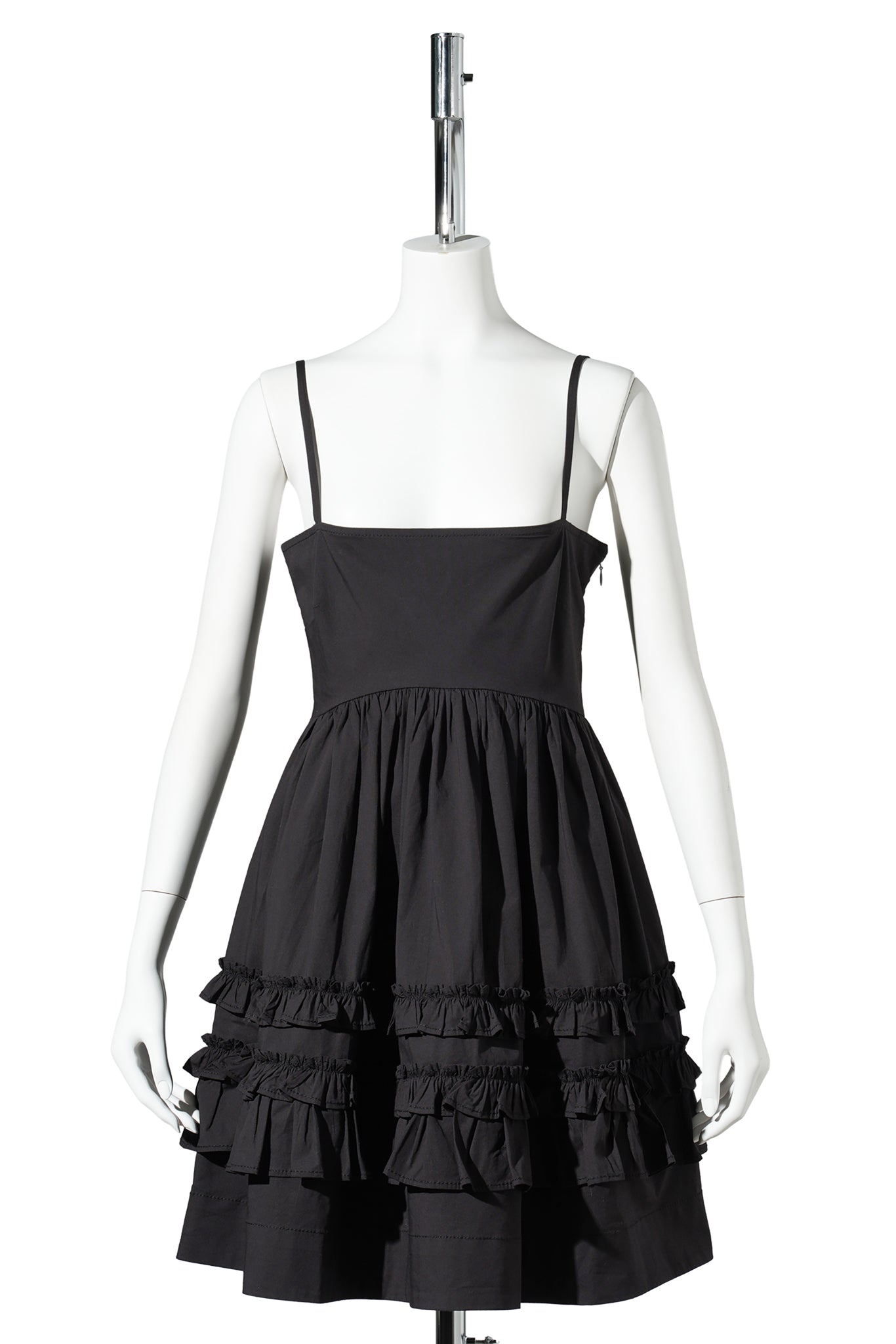STRETCH COTTON MINI STRAP DRESS W. FRILLS / BLACK