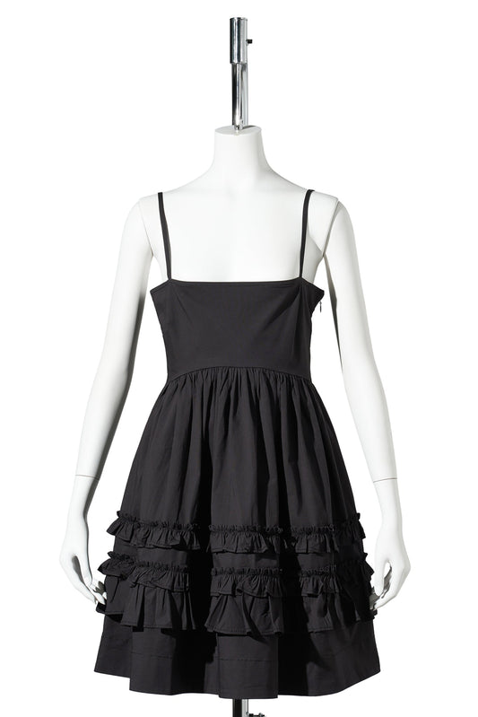 STRETCH COTTON MINI STRAP DRESS W. FRILLS / BLACK
