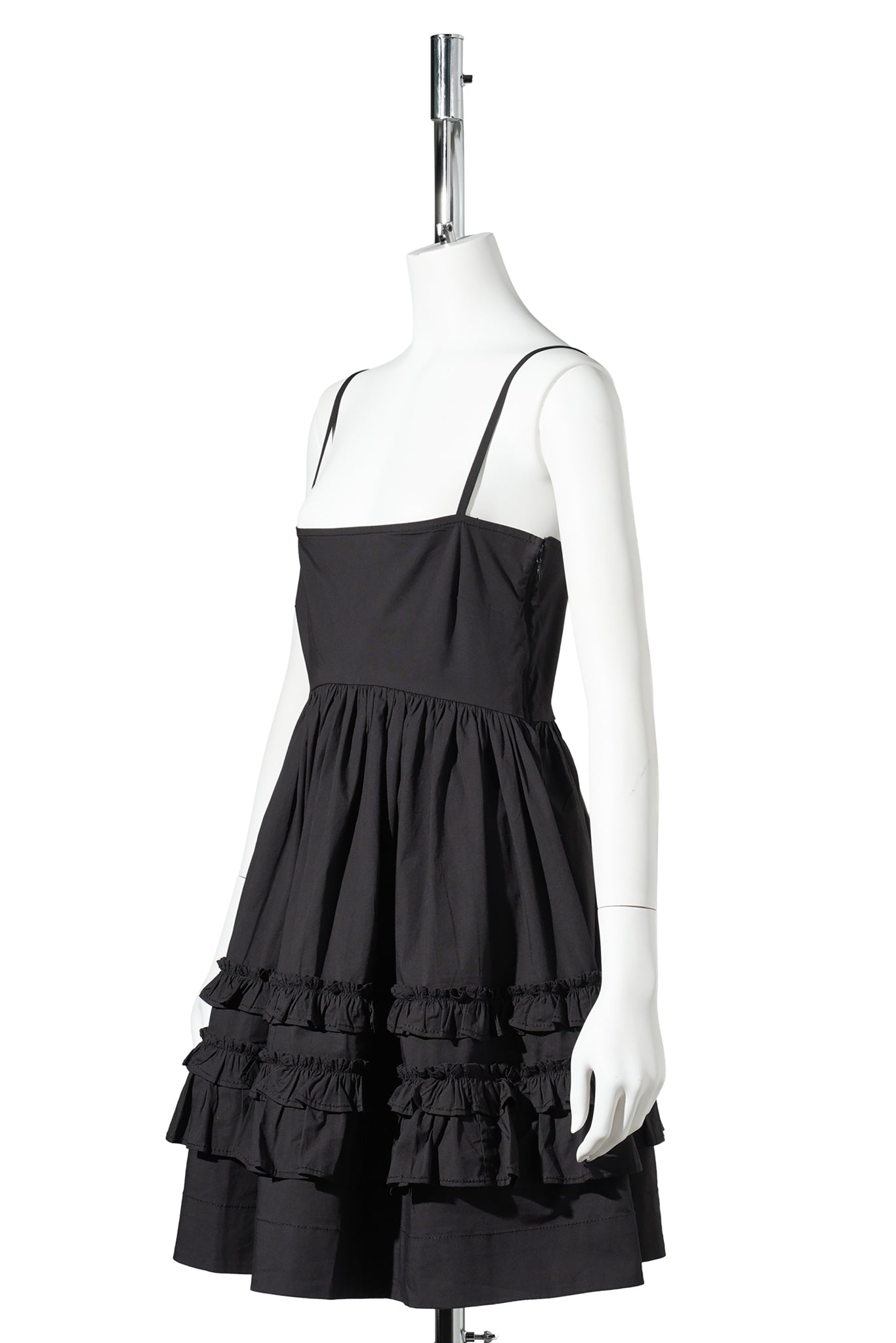 STRETCH COTTON MINI STRAP DRESS W. FRILLS / BLACK