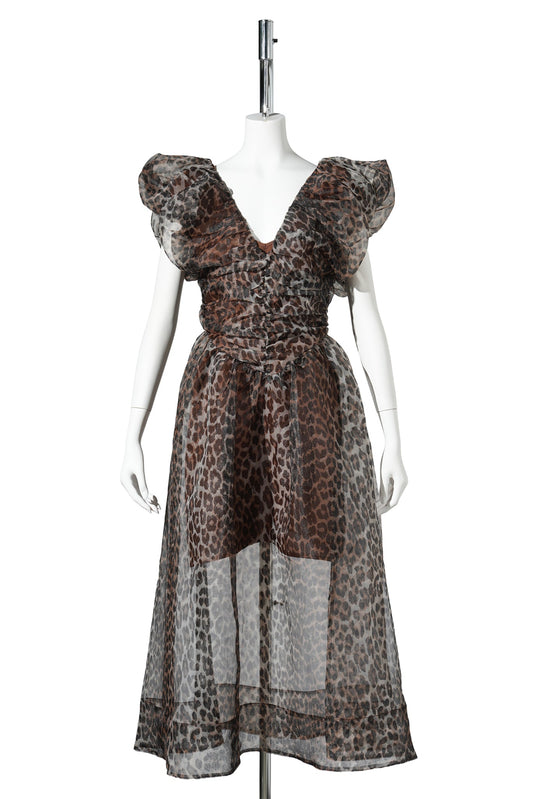 PRINTEDO TEXTYRED ORGANZA LONG RUCHED DRESS / ALMONDMILK