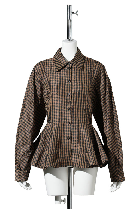 CRINKLED TAFFETA CHECK PEPLUM SHIRT / TOBACCO BROWN