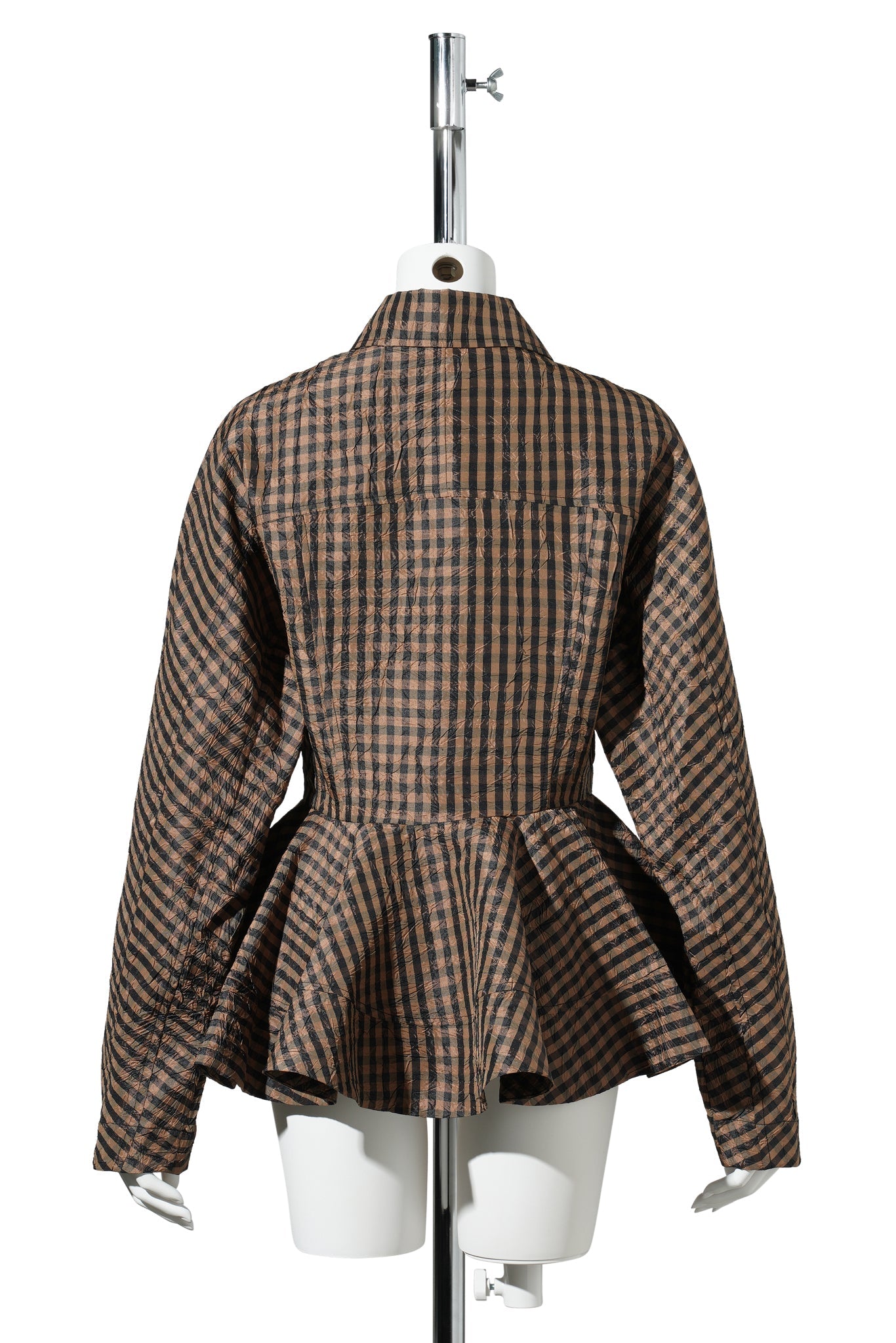 CRINKLED TAFFETA CHECK PEPLUM SHIRT / TOBACCO BROWN