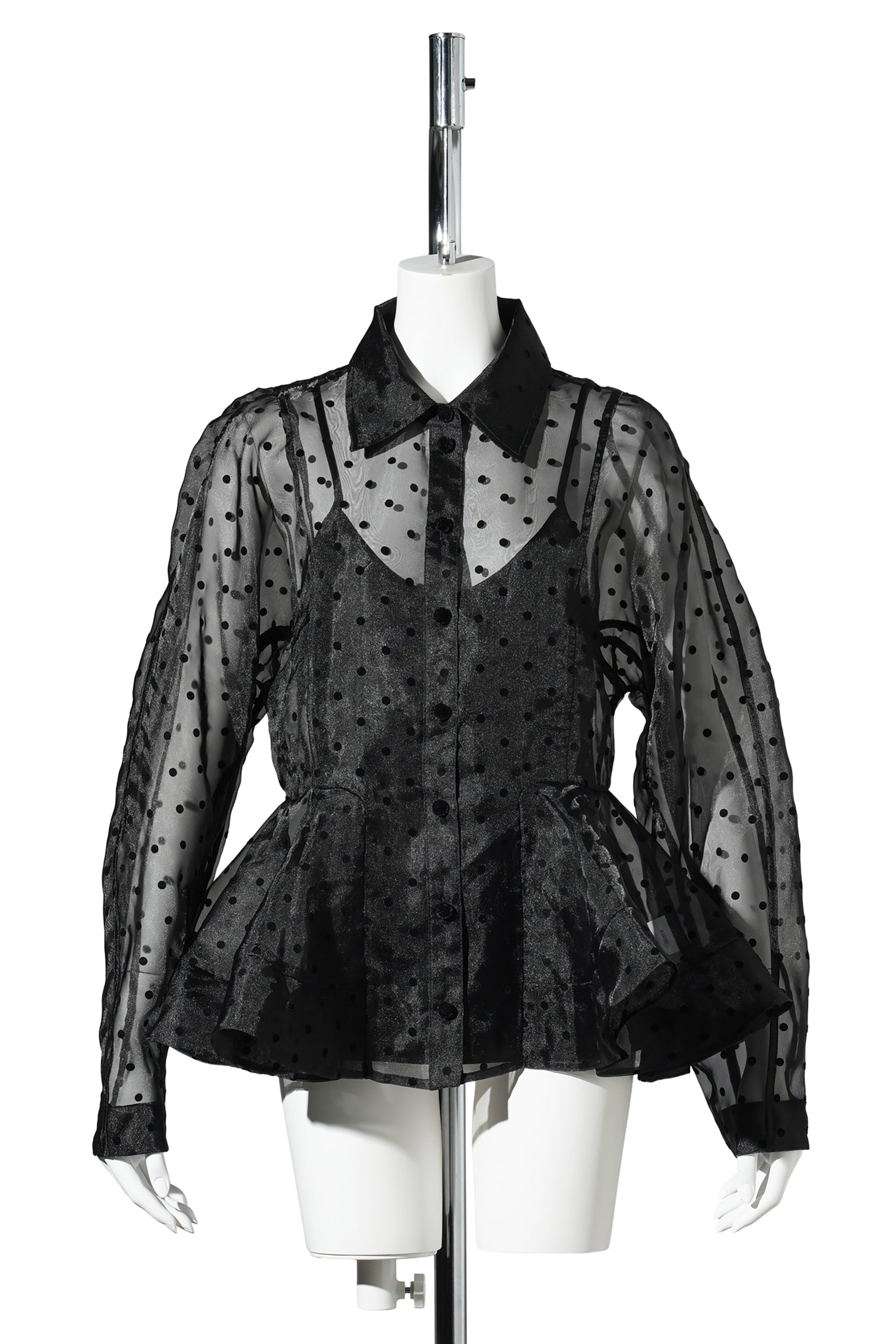 FLOCKED ORGANZA PEPLUM SHIRT / BLACK