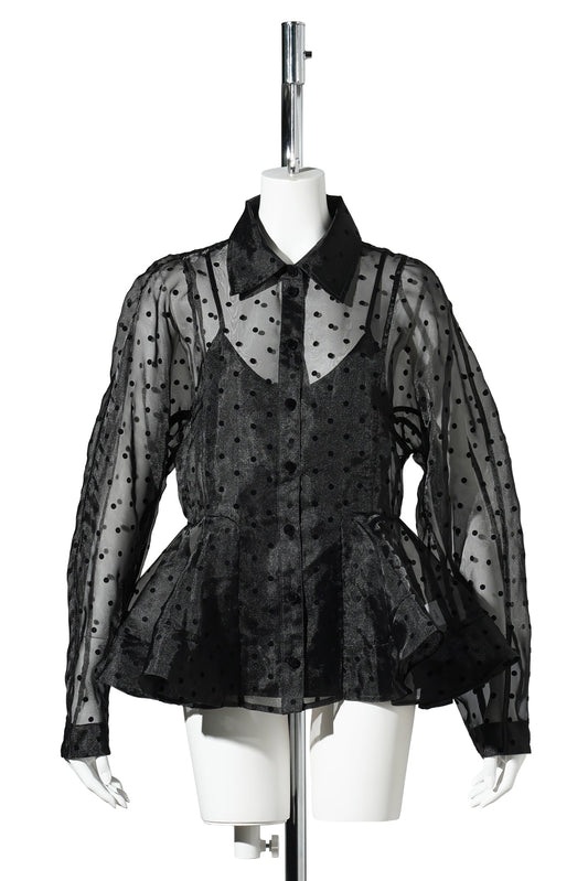 FLOCKED ORGANZA PEPLUM SHIRT / BLACK