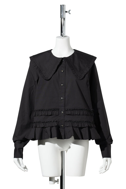 STRETCH COTTON SHIRT W. FRILLS / BLACK