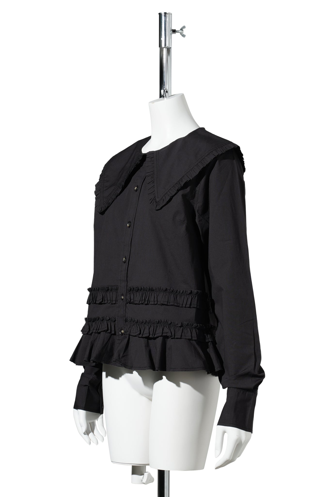 STRETCH COTTON SHIRT W. FRILLS / BLACK