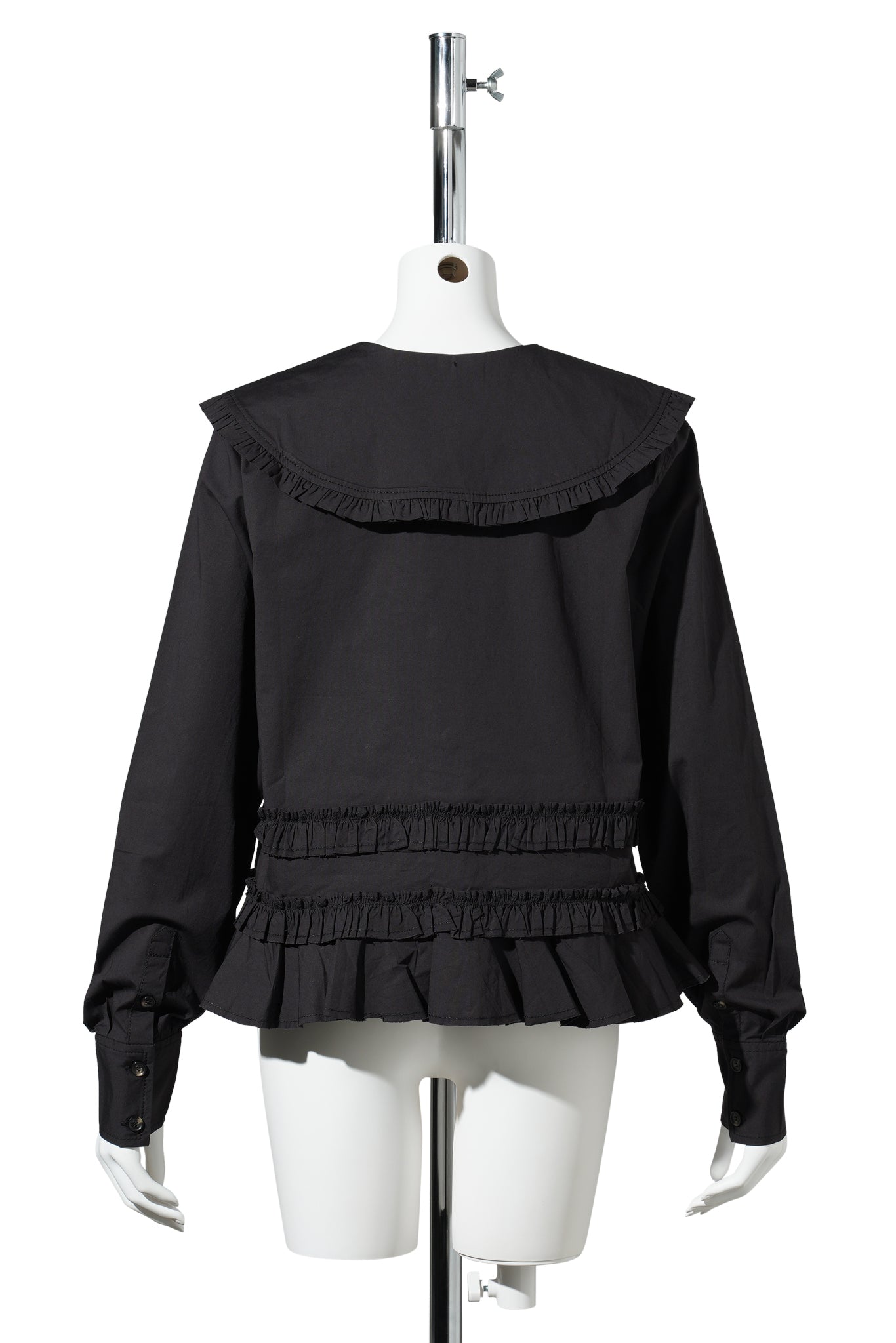 STRETCH COTTON SHIRT W. FRILLS / BLACK