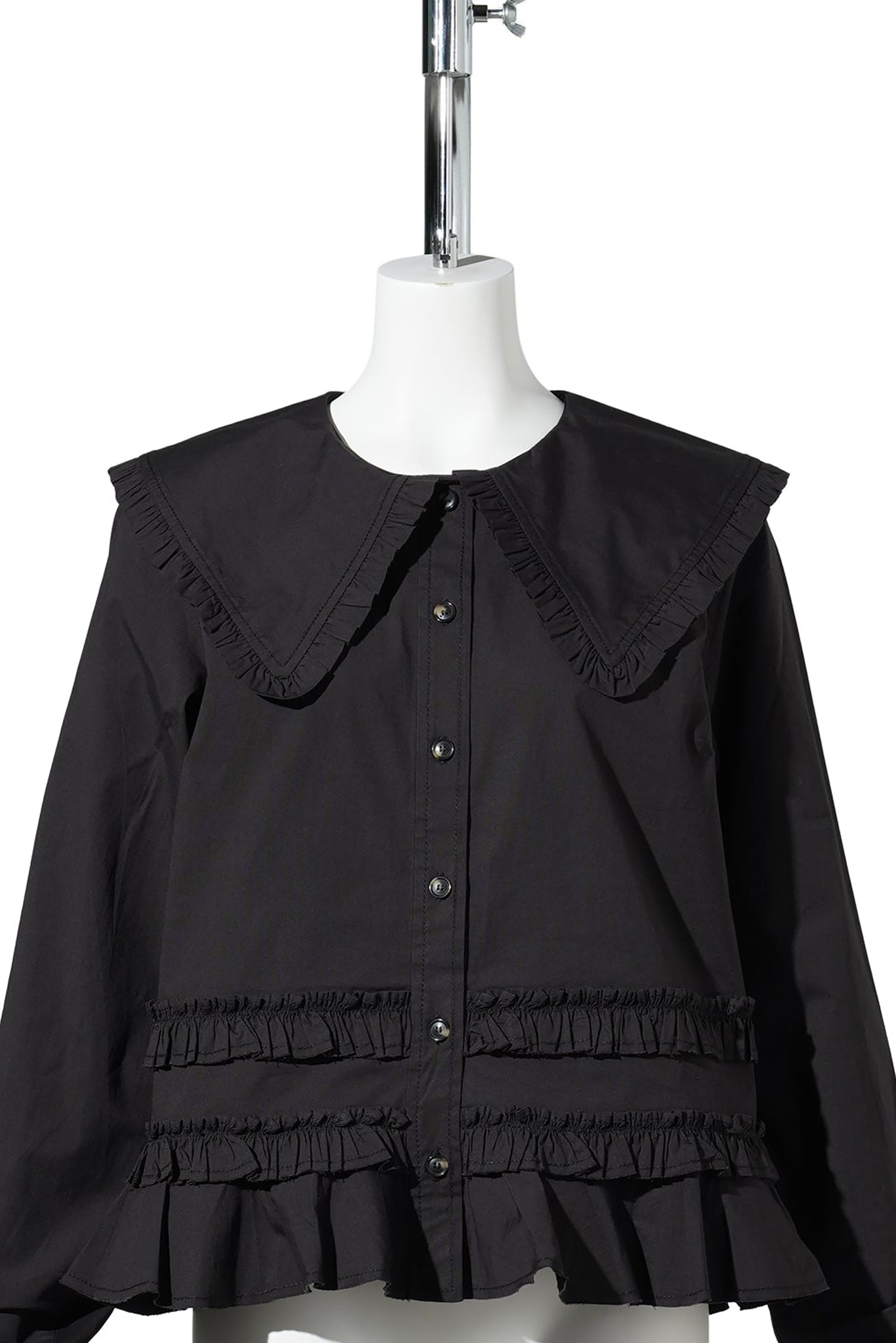 STRETCH COTTON SHIRT W. FRILLS / BLACK