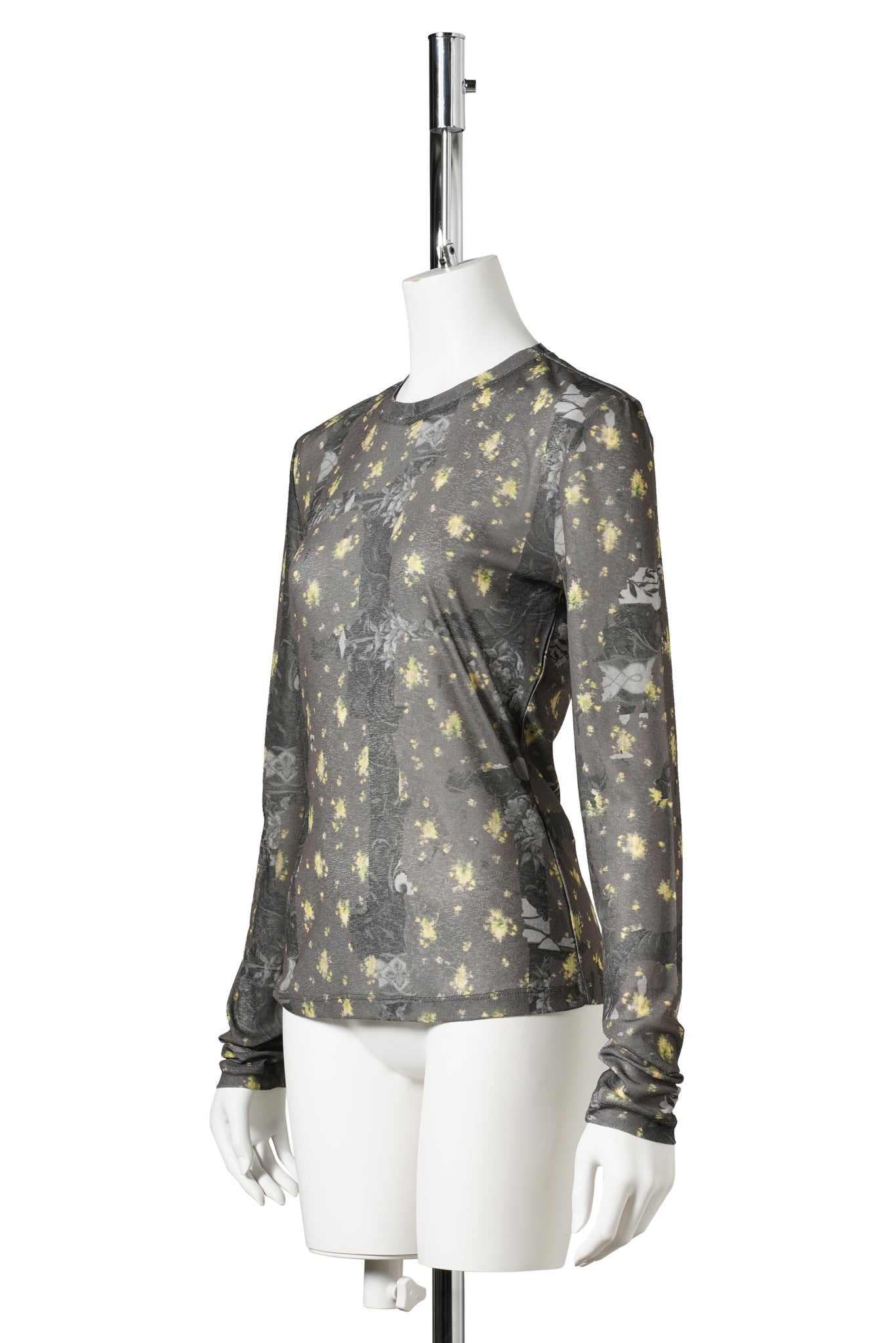 PRINTED MARL MESH LONG SLEEVE TOP / BLACKSAND