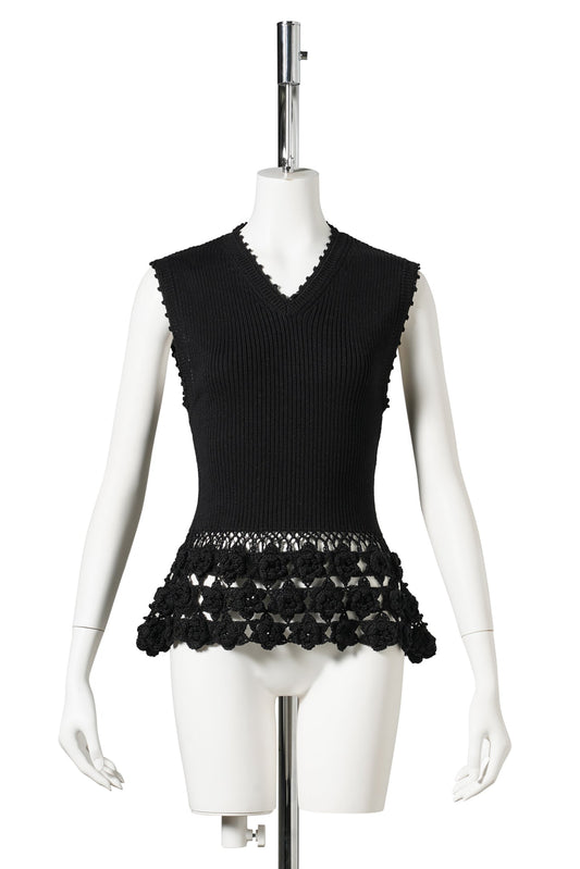 FINE COTTON RIB CROCHET VEST / BLACK