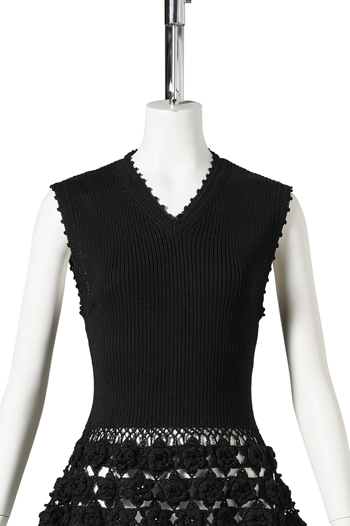 FINE COTTON RIB CROCHET VEST / BLACK