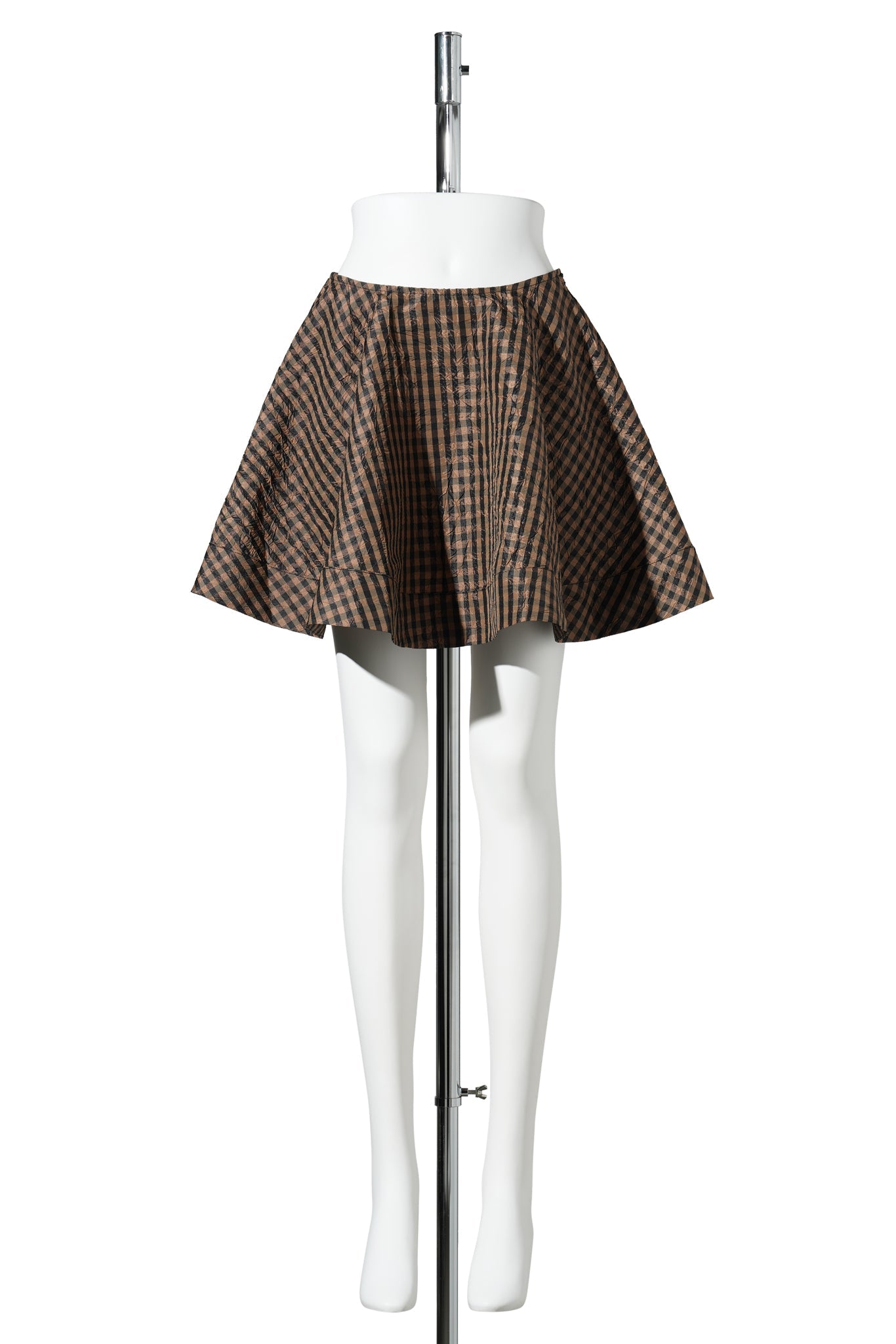 CRINKLED TAFFETA CHECK MINI CIRCLE SKIRT / TOBACCO BROWN