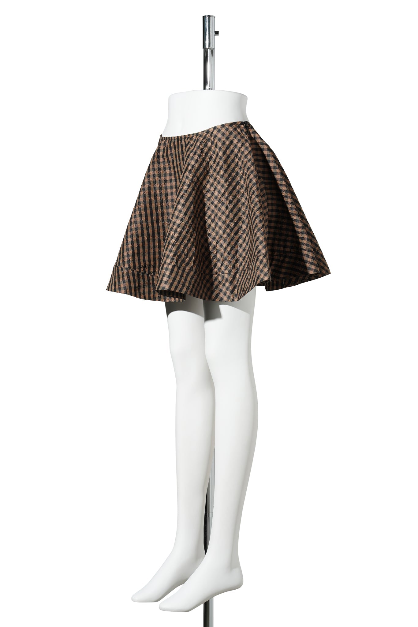 CRINKLED TAFFETA CHECK MINI CIRCLE SKIRT / TOBACCO BROWN
