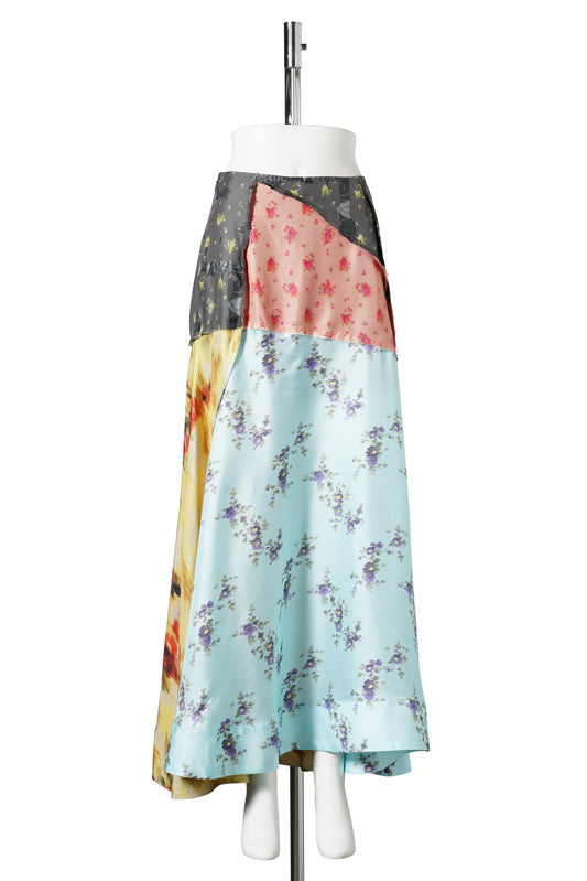 MULTI PRINTED SILK TWILL FLUID SKIRT / ICEDAQUA