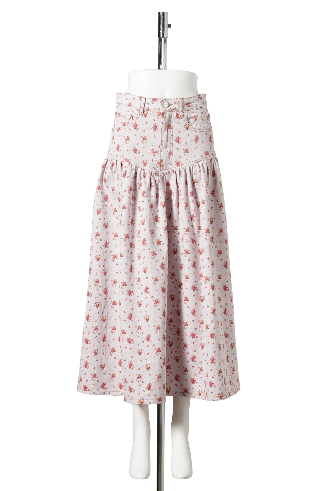 PRINTED PAINT DENIM LONG SKIRT / PEACHSKIN