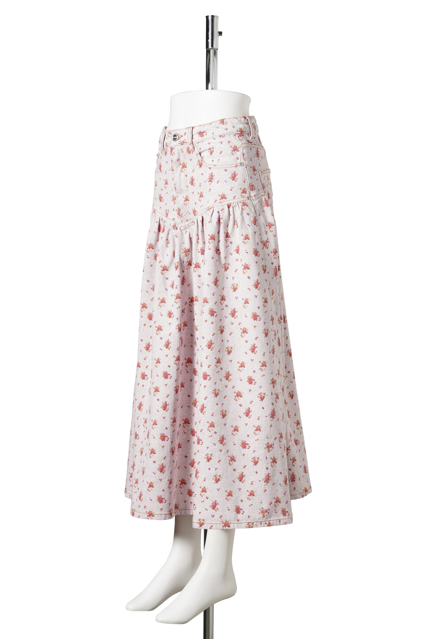 PRINTED PAINT DENIM LONG SKIRT / PEACHSKIN