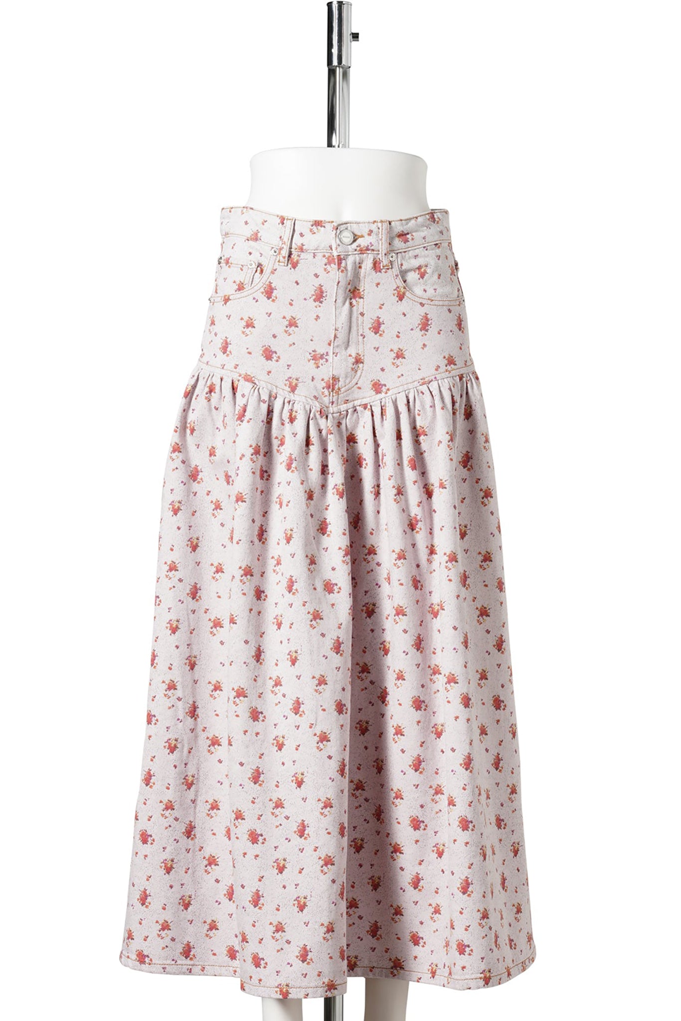PRINTED PAINT DENIM LONG SKIRT / PEACHSKIN