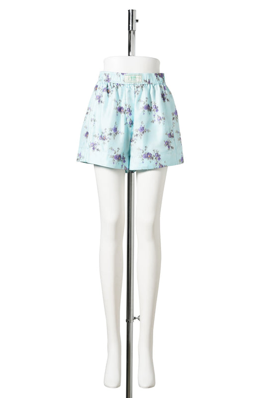 PRINTED SILK TWILL ELASTICATED SHORTS / ICEDAQUA