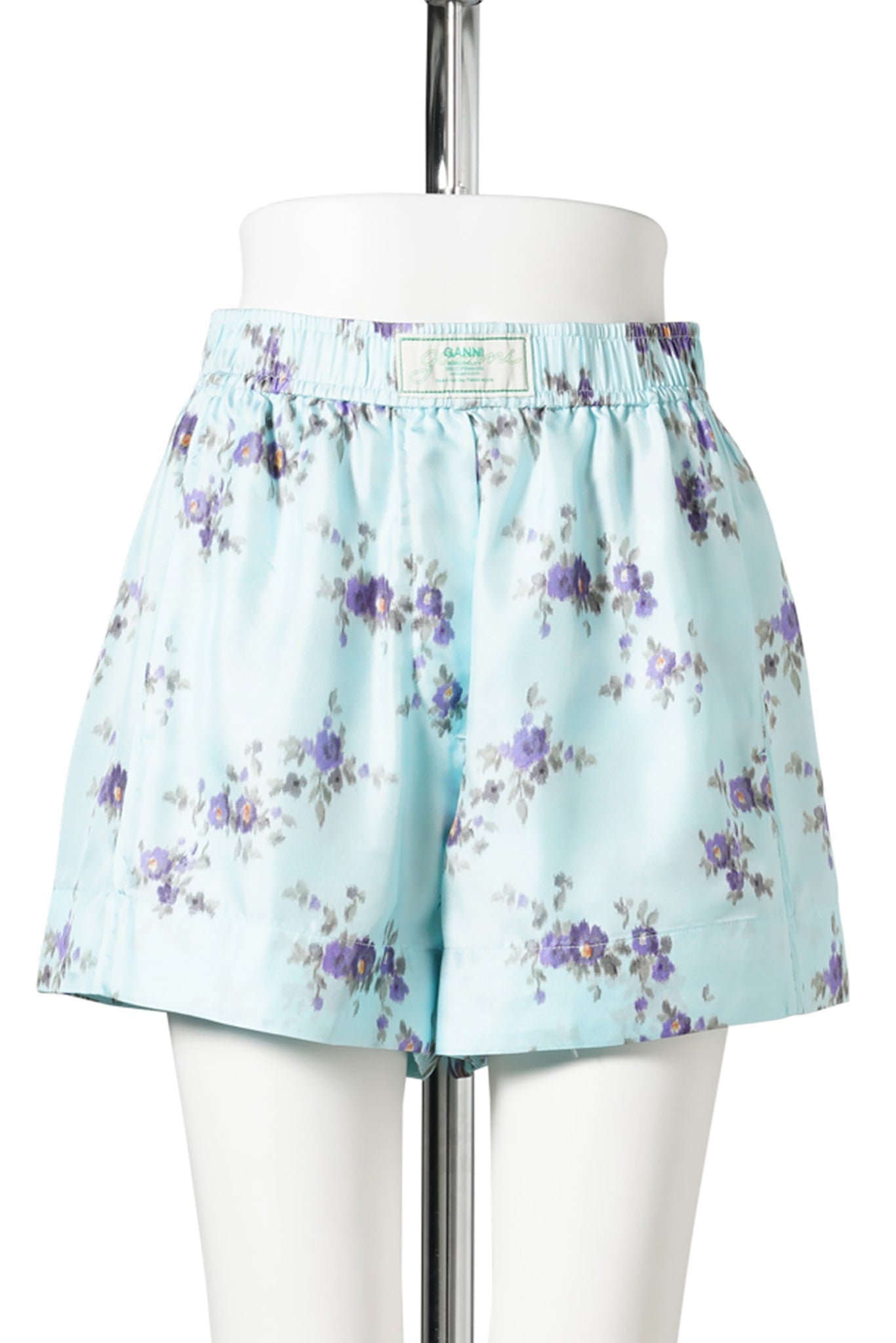 PRINTED SILK TWILL ELASTICATED SHORTS / ICEDAQUA