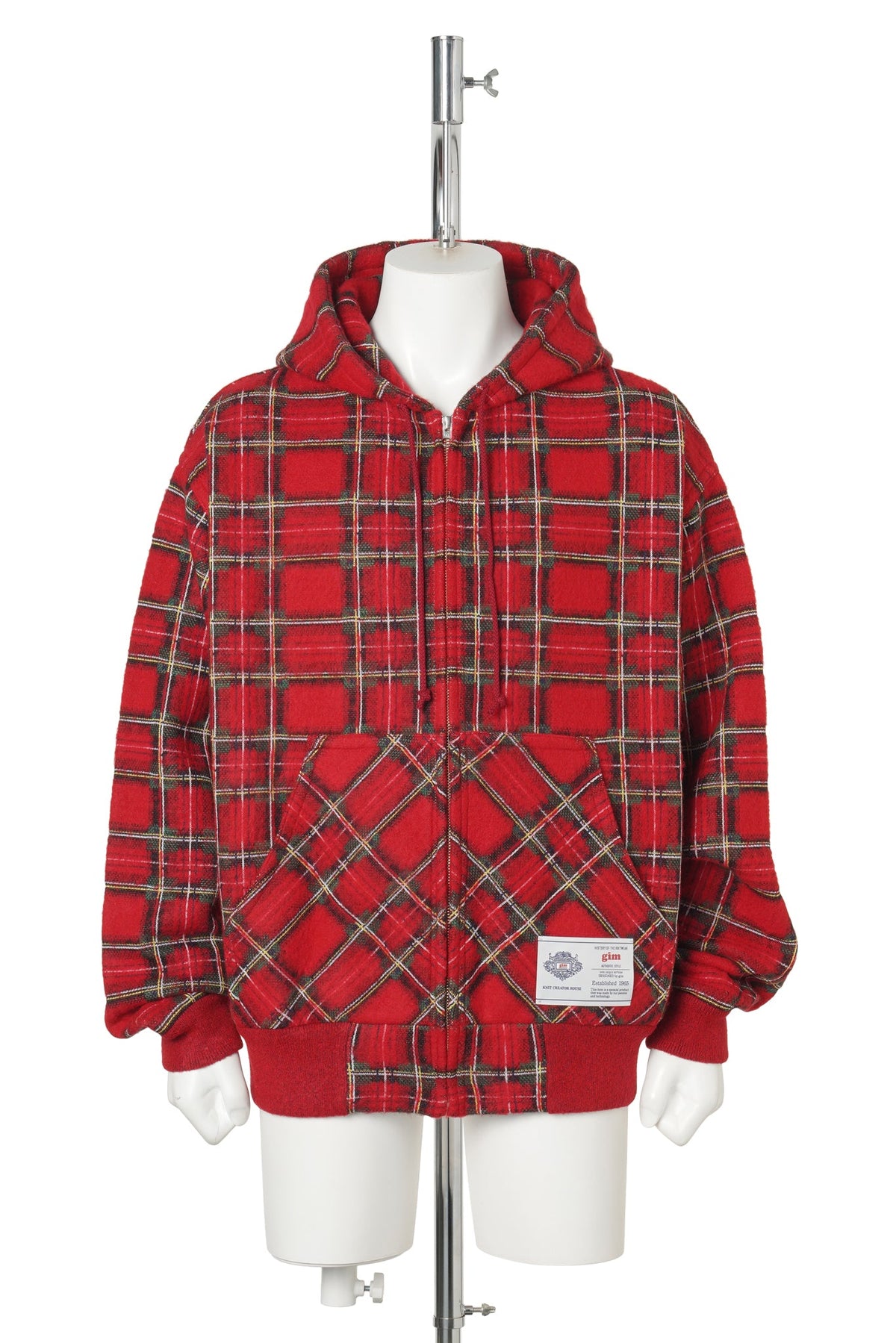 BRUSHED CHECK ZIP-UP HOODIE / 101:RED