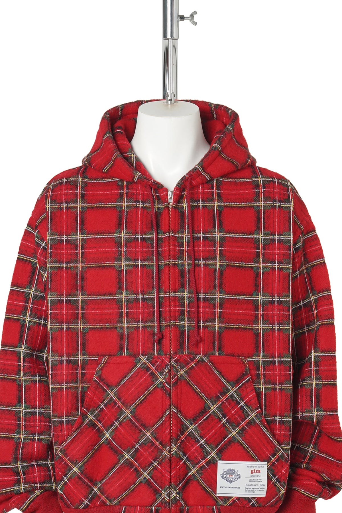 BRUSHED CHECK ZIP-UP HOODIE / 101:RED