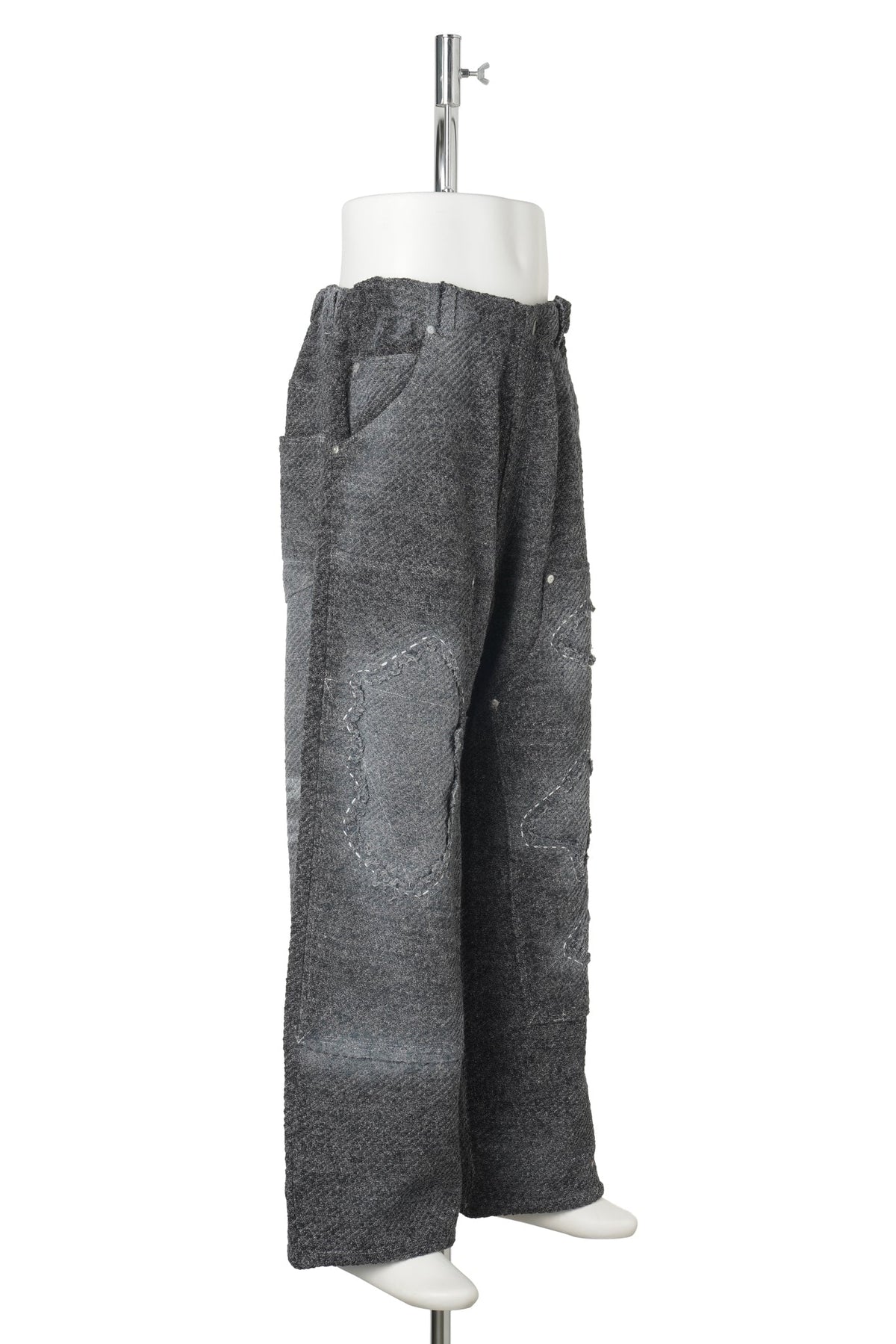 HARD DAMAGED DOUBLE KNEE BLACK DENIM KNIT PANTS / 005:BLACK