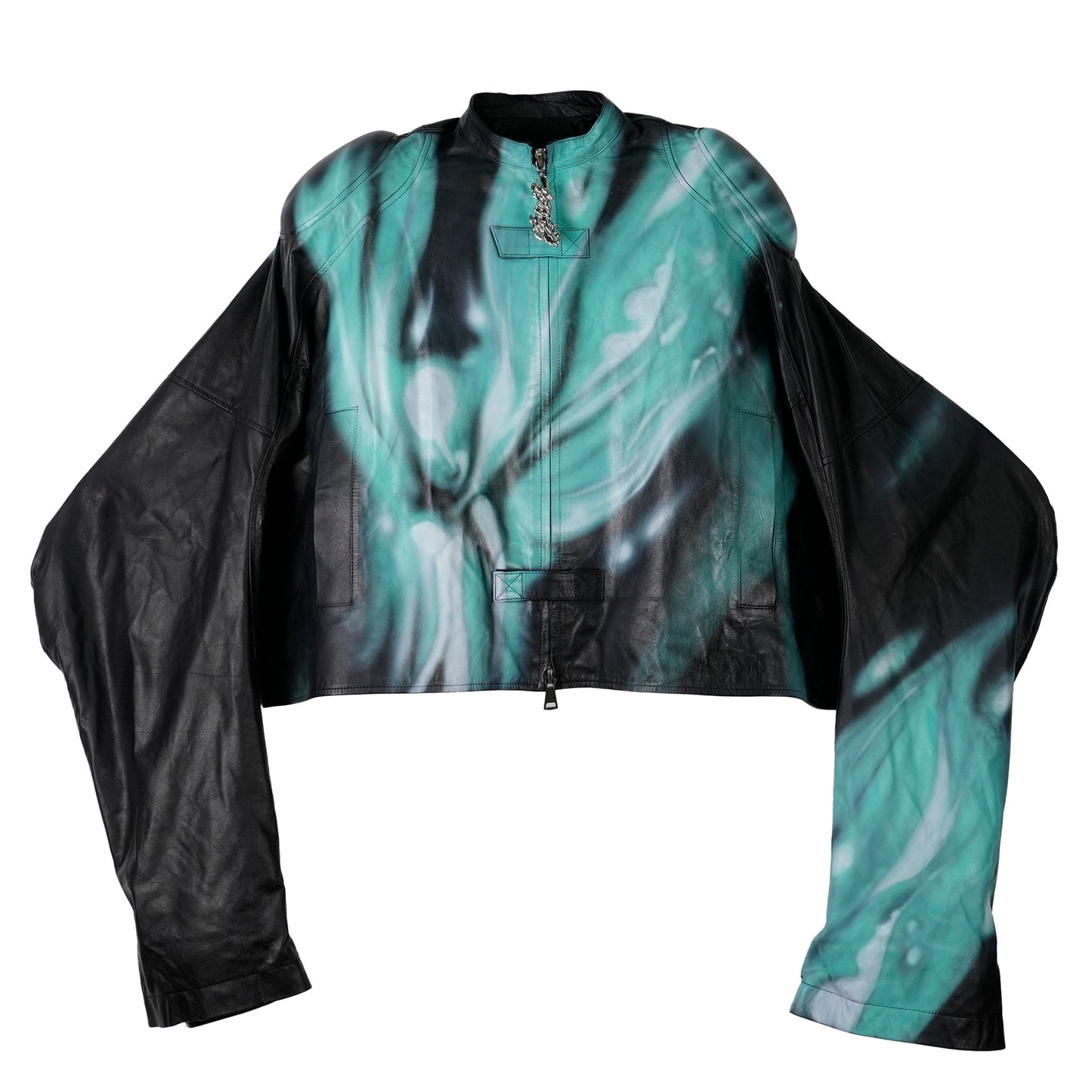 AIRBRUSHED LEATHER JKT / BLACK/TEAL