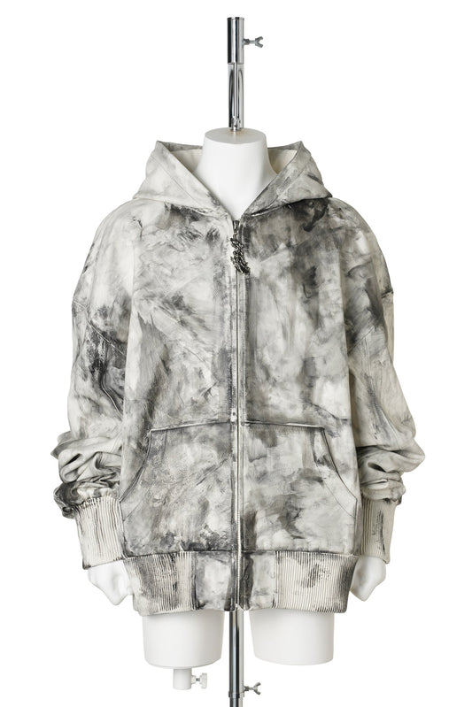LEATHER HOODIE / WHITE/GREY