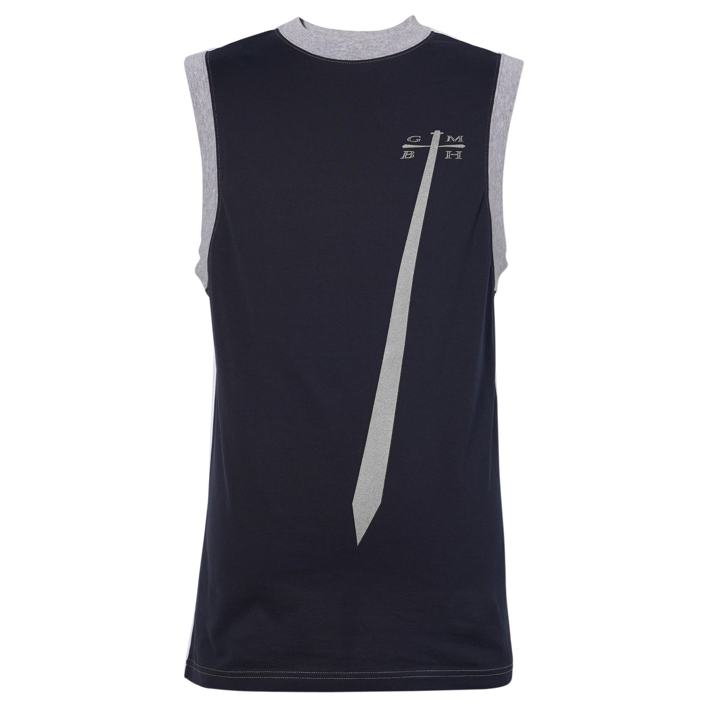 SLEEVELESS T-SHIRT WITH SWORD PRINT / NAVY/OFF-WHITE/SILVER