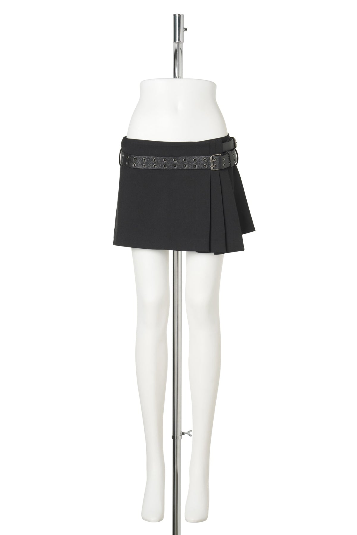 PLEATED MINI SKIRT W/ LEATHER BELT / BLACK