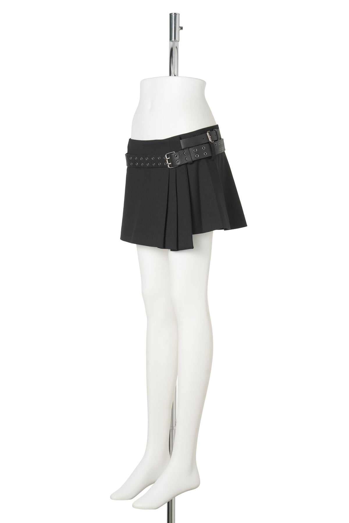 PLEATED MINI SKIRT W/ LEATHER BELT / BLACK