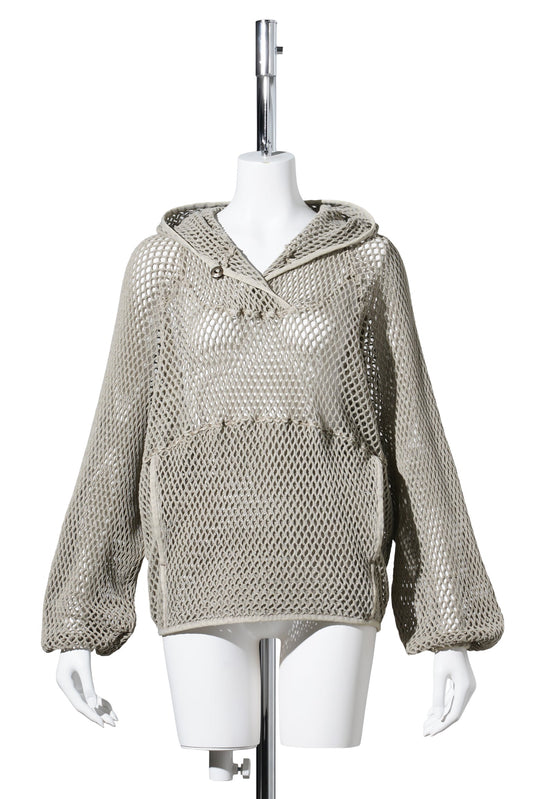 WASHED MESH HOODIE / MOSS BEIGE