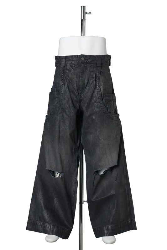 SEVAR ROF LOW POCKET PANTS / BLACK WASHED WAXED DISTRESSED