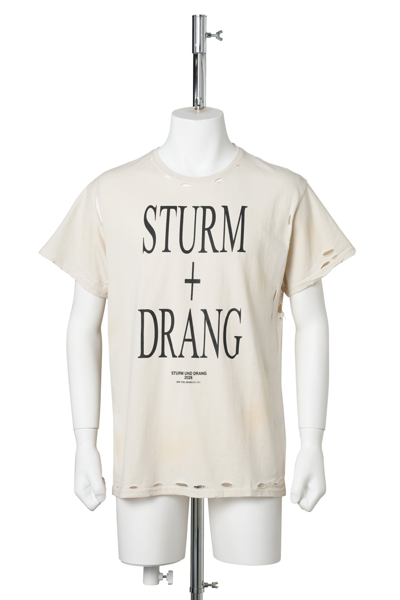 EET T-SHIRT / OFF-WHITE COTTON STAINS DISTRESSED STURM UND DRANG
