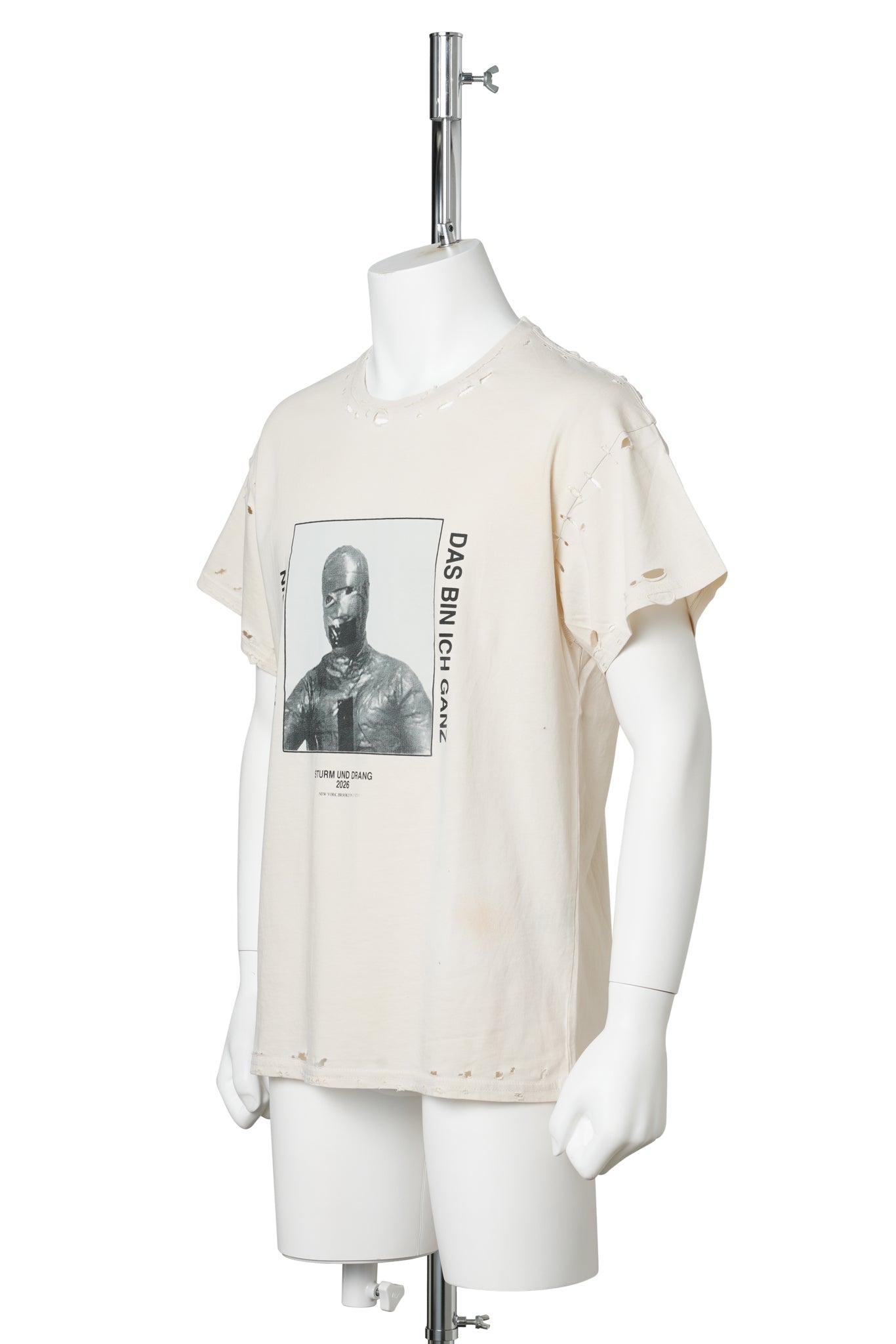 EET T-SHIRT / OFF-WHITE COTTON STAINS DISTRESSED WAS ICH BIN
